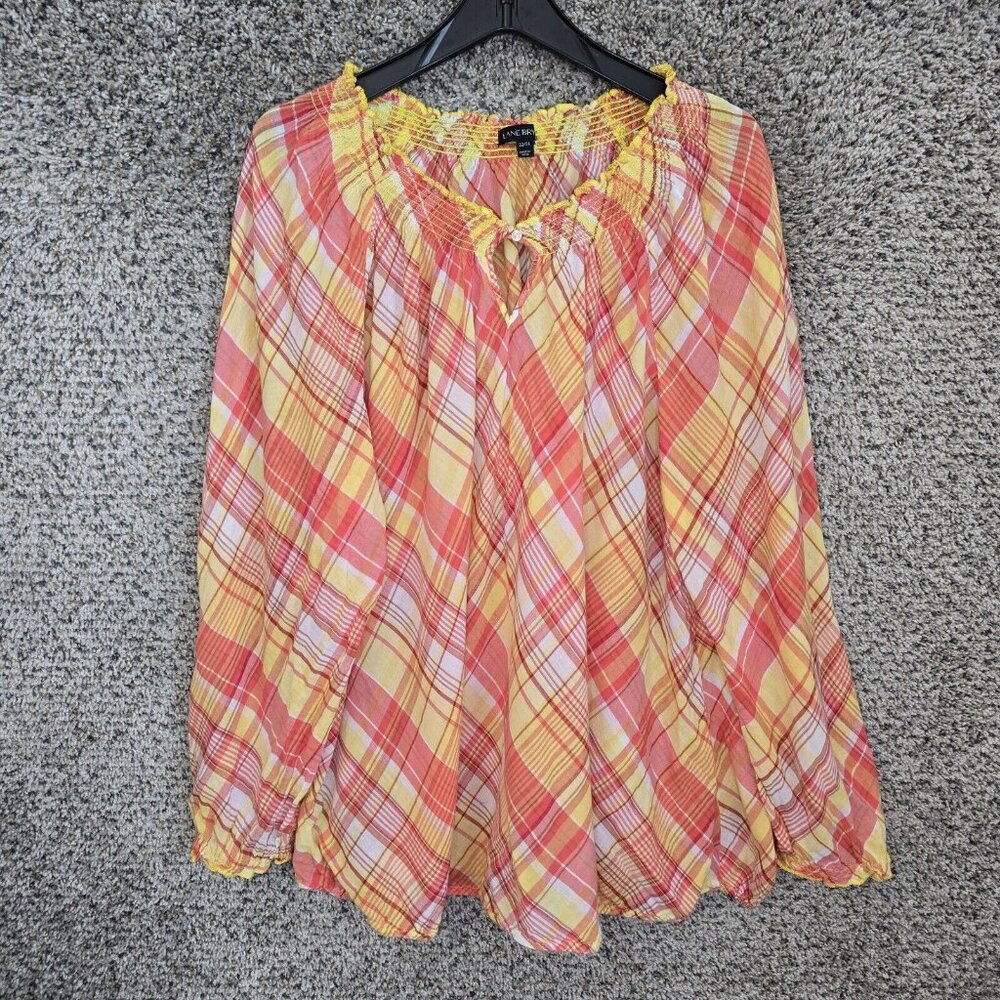 Lane Bryant Top Womens Plus‎ 22/24 Yellow Plaid Semi Sheer Off The Shoulder